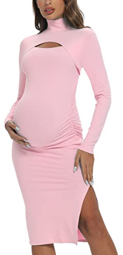 Long Sleeve Turtleneck Maternity Bodycon Dress, Split Chic Pregnancy Dress for Casual Wear, Baby Shower, Photoshoot, Pink, S
