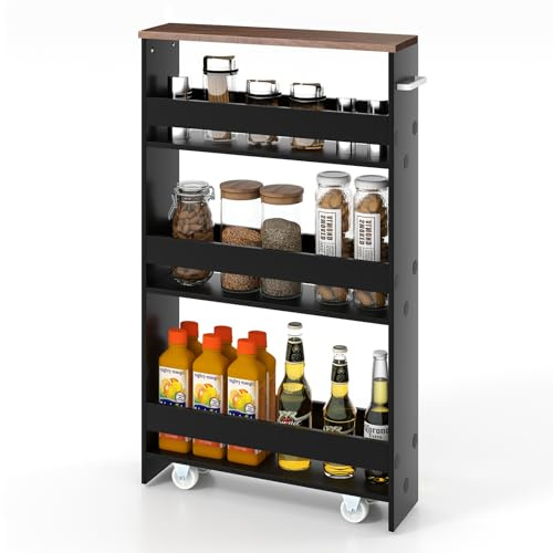KOMFOTTEU Förvaringsvagn med 4 hyllor med 360° återgående hjul, glidvagn med smalt handtag, för badrum, kök, tvättstuga, 47,5 x 13 x 80,5 cm (svart och brun, utan uttag)