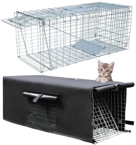 Jaula de trampa para animales vivos con cubierta, trampa para gatos callejeros, trampa para mapaches con puerta real plegable para mapaches, zarigüeyas, marmotas, zorrillos, gatos salvajes, ardillas
