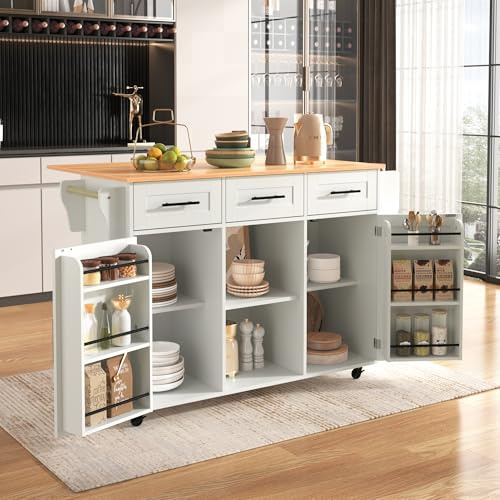 Carro de cocina con ruedas, gran carrito de comedor/aparador, en vetas de madera maciza, armario de cocina con encimera plegable, puerta de almacenamiento, patas de madera maciza intercambiables,