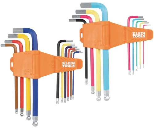 Klein Tools CBLS19 Long Ball-End Hex Key Wrench Set, SAE and Metric, L-Style, Color-Coded Powder-Coat, 3/32 to 3/8-Inch and 1.5 to 10 mm, 19-Piece