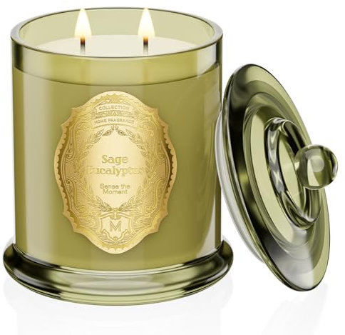 M&SENSE 360g Candele Profumate Salvia Eucalipto, 60 Ore di Lunga Durata, Vasetto in Vetro Non Tossico con Coperchio, Aromaterapia per il Relax, Regalo di Lusso per Festa della Mamma per Donne