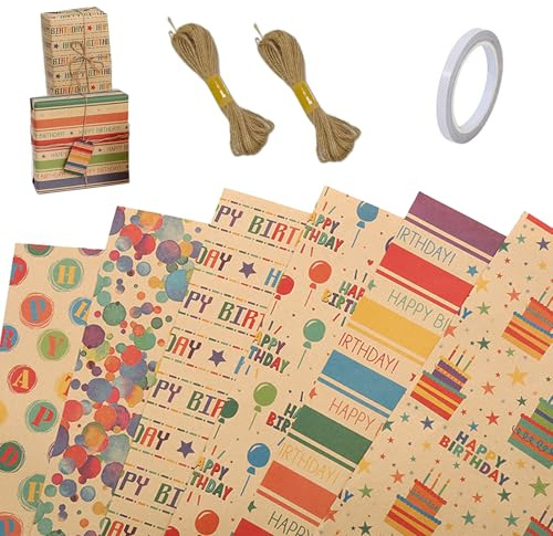 Papier Cadeau Papier, 6 Pièces Papier Cadeaux Kraft Coloré Set 70 x 50 cm Emballage Cadeau Avec Accessoires d'emballage Papier Cadea pour Noël Anniversaire Décoration de Fête de Mariage