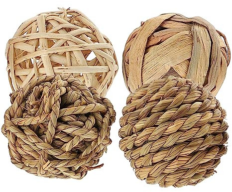 YARNOW 4pcs Natural Woven Chewing Balls for Rabbit Parrot Safe Molar Toy for Hamsters Small Animals Reduces Boredom and Promotes Dental Health