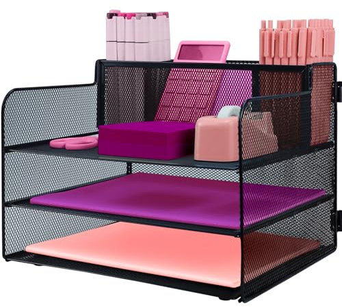 ideallife 3 Tier Mesh Desktop File Organizer with Pen Holder, Paper Letter Tray Organiser, Mesh Desktop Storage with Sliding Trays for Home &Office Supplies