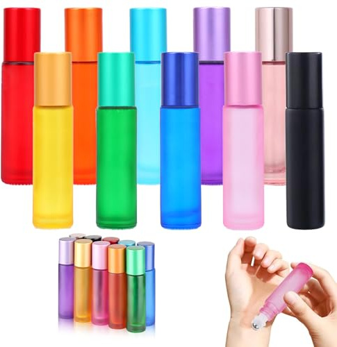 Bangbobi 10 ml tom roll-on, 10 stycken roll-on-flaskor för oljor – glasflaskor för eteriska oljor, aromaterapi, parfym och kosmetika, modern (10 färger)
