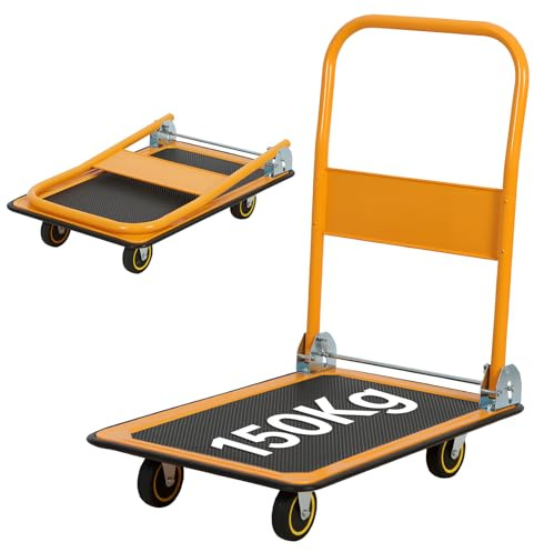 Panana Platform Truck, Foldable Trolley with 150kg Load Capacity, Push Hand Cart, Flat Bed Moving with Swivel Wheels for Loading and Storage Yellow