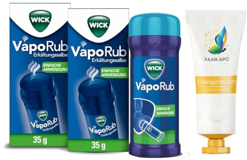 WICK Vapo Rub Erkältungssalbe Stick 2 x 35 g Sparset inkl. hochwertiger Handcreme Marke Faar-Apo – Linderung bei Husten, Schnupfen, Heiserkeit & Verschleimung wirkt bis zu 8 Stunden, für Kinder ab 2