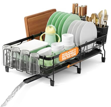 Avilia Scolapiatti da Appoggio Estensibile 32-53 cm - Scola Piatti Antiruggine con Vassoio Raccogligocce e Beccuccio di Scarico - Include Portaposate Rimovibile - Organizer Cucina Moderno Salvaspazio