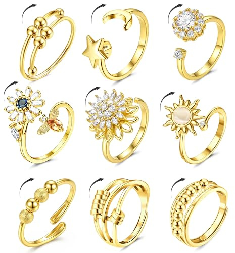 Kakonia 9 Pcs Anxiety Ring, Silver Gold Fidget Rings for Anxiety Women Adjustable Open Spinner Ring Moonstone CZ Spinner Fidget Rings for Women Kids Adjustable Ring Party Gifts-G