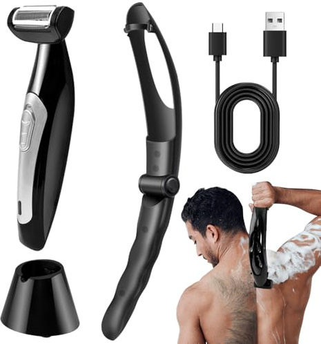 Rasoio Schiena Uomo, HOVCEH Ergonomico Rasoio Corpo Uomo con Manico Allungato, Multifunzionale Depilatore Schiena Elettrico per Uso su Asciutto e Bagnato, Adatto a Tutte le Zone del Corpo