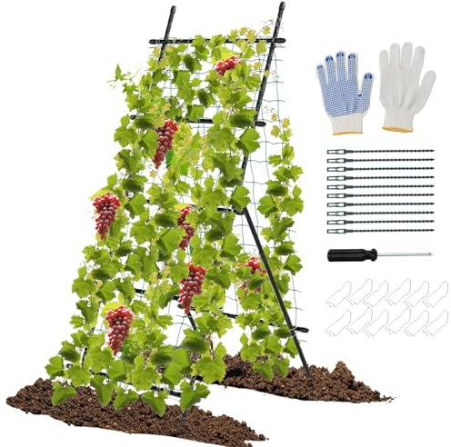 COSTWAY Gurka växthjälpsset, A-formad, spaljé med trädgårdsnät och klämmor, växthållare metall, växtstöd för klätterväxter blommor grönsaker, växtspaljé, 90 x 93 x 190 cm, svart