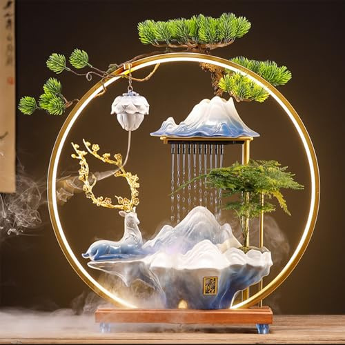 Zeninspirerad bordsvattenfontän med LED-lampor och bonsai design – inomhusdekor för avkoppling och meditation (en stor blå)