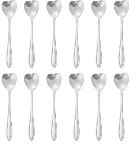 Cucchiaini da caffè a forma di cuore in acciaio inox lucido oro cucchiaio da dessert per casa ristorante bar confezione da 12 (argento)
