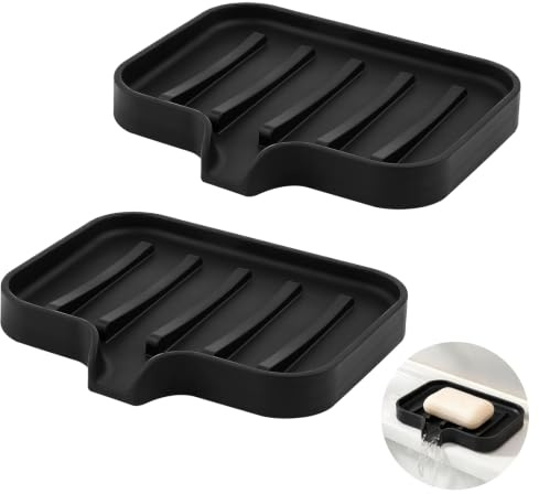 Gurwen 2 Pièces Silicone Porte Savon Salle de Bain avec Évacuation, Noir | Antidérapants, Facile à Nettoyer, Support Savon Douche Incliné pour Baignoire, Lavabo et Cuisine