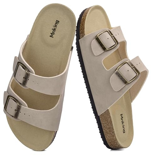 Mnking Sandalias Mules Mujer Hombre Verano Plana Hebilla Punta Abierta Sandalias de Pala Retro Cómodo Piel de Ante Pantuflas de Corcho Antideslizantes Zapatillas Planas