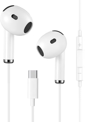 USB C-hörlurar med kabel i örat, Apple MFi certifierade hörlurar för iPhone 17/16/15-serien, Samsung Galaxy S23/S22/S21 Ultra, Hi-Fi Stereo kabelhörlurar USBC, Earpods USB C