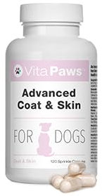 Advanced Coat & Skin Remedy for Dogs | Supplement Formulated for Dry, Itchy Skin or Dull Coats | Rich in Flaxseed Oil & Biotin | 120 Sprinkle Capsules for Fussy Pets | UK Manufactured