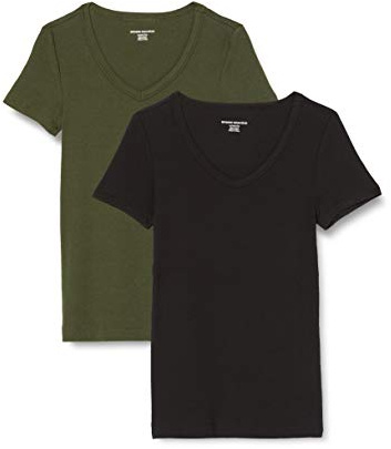 Amazon Essentials Women's Slim-Fit Short-Sleeve V-Neck T-Shirt, Pack of 2, Dark Olive/Black, M