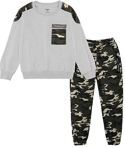 Enfants Ensemble de survêtement Camouflage, 2 pièces Garçon Pantalon Cargo + Sweat à Manches Longues, Gris, 120