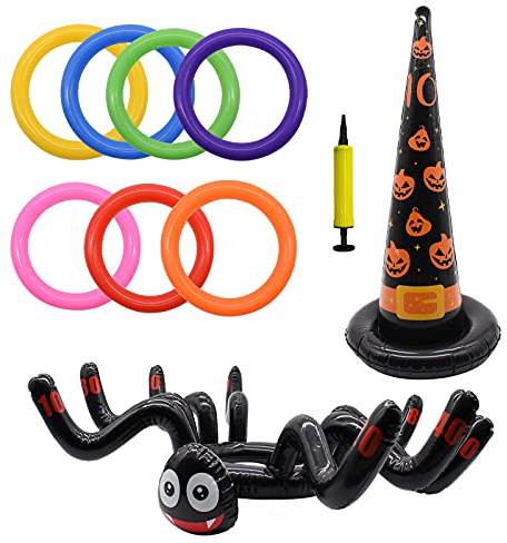 TRIXES Halloween Inflatable Ring Toss Game Set - Inflatable Spider and Witches Hat - Air Pump Included - Halloween Party Game
