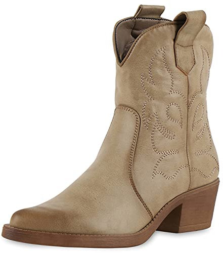 VAN HILL Damen Stiefeletten Cowboy Boots Schuhe 201321 Khaki PU 36