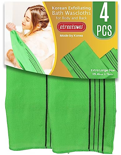 etreetowel Extra Large Size 90 x 30cm (4 PCs) Korean Asian Exfoliating Bath Washcloths Mitt Scrub for Body and Back washcloth Glove Viscose Rayon Towel for Soft Skin