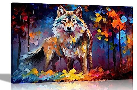 Artley Prints - Loup Argenté dans la Forêt, Tableau Coloré sur Toile pour Salon, Chambre, Couloir | Re-impression de Peinture à l'huile encadrée Grand Format 76 x 50 cm (30 x 20 pouces)