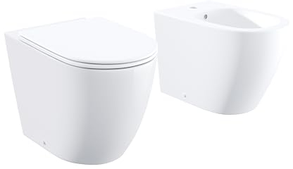 Sanitari filomuro in ceramica bianco lucido vaso rimless con copriwc soft-close e bidet Mod. Europa