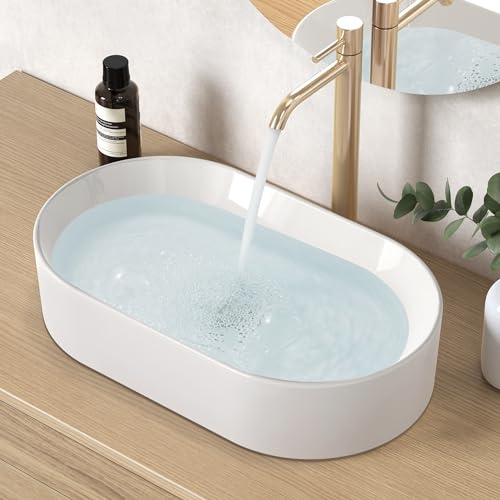 KES Bathroom Sink, White Vessel Sink for Bathroom, Oval Above Counter Ceramic Countertop Modern Sink for Cabinet Lavatory Vanity, BVSO126