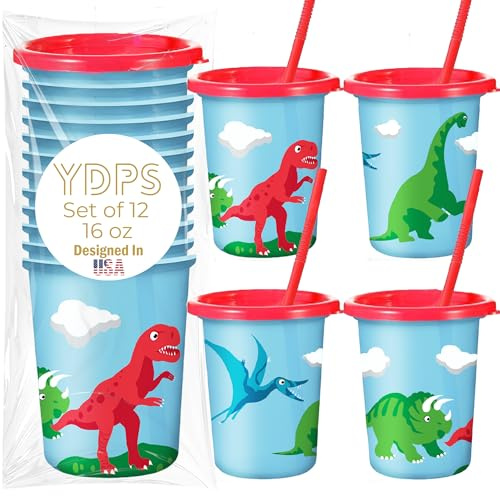 Dinosaur Cups for Kids Party with Straw and Lid, Set of 12 - Dino Cups - Dinosaur Birthday Decorations For Kids - Perfect Dino Party Favors for Boy and Girl - Reusable Cup For Birthday Decor