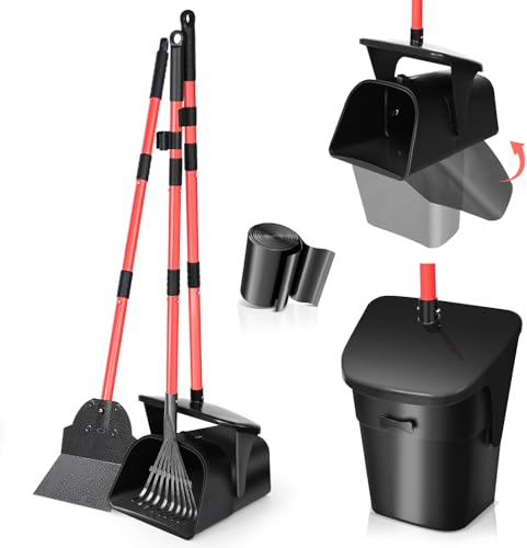 Dog Pooper Scooper Swivel Bin, Rake & Spade Kit with 10 Waste Bags, Metal Poop Scooper Heavy Duty, Odorless Poo Bin Long Handle for Large Dogs, Dog Poop Picker for Dog Waste, Yard, Garden & Lawn