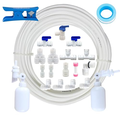 1/4 inch Tube Float Valve Kit for RO Water Reverse Osmosis System. Refrigerator Water Line Kit 1/4O.D,30 FT Water Tubing(2 float ball valve 16connectors and 1/4 Water tubing) White