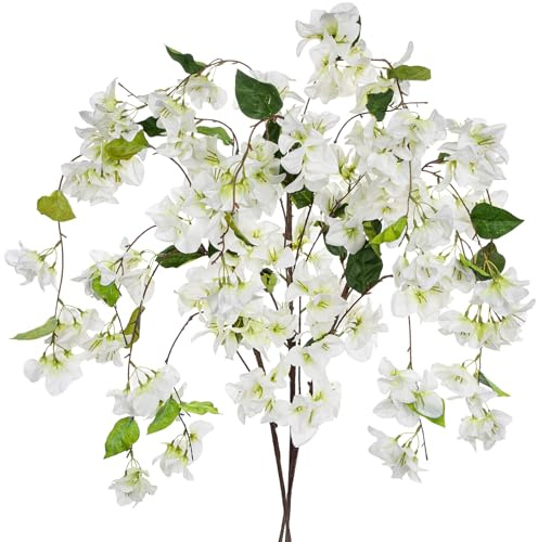Briful Künstliche Bougainvillea Blumen – 120 cm hängende Kunstblumen Wie Echt – Deko Seidenblumen für Hochzeitsdeko, Wanddeko, Balkon, Garten, Wohnzimmer, Weiß