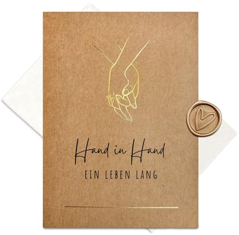 møij Karte zur Hochzeit aus Kraftkarton mit goldener Heißfolienprägung - Hand in Hand - Inkl. Briefumschlag und Wachssiegel