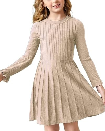 Haloumoning Robe pull pour fille - Manches longues - Ligne A - En tricot - Chaude - École - Automne et hiver - Couleur unie - Basique - Robe de loisirs - Robe de fête, beige, 160