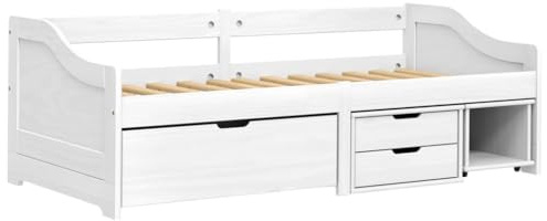vidaXL Cama de invitados con 3 cajones, sofá cama de madera, diseño de lamas, marco de cama sofá cama para dormitorio, salón, color blanco, 90 x 200 cm, madera maciza de pino