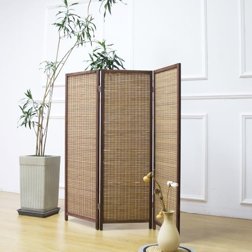 Furnnylane Divisorio a 3 pannelli in bambù corto pieghevole, divisorio in bambù a doppia faccia per separare la stanza, marrone, 120 cm H x 117 cm W