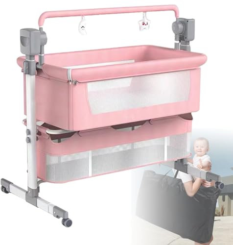Elektrische Babywiege, Schaukelbett zum Schlafen am Bett, verstellbare Wiege, zusammenklappbare Schaukelwiege, verstellbares Bett zum Schlafen am Bett mit Matratze, Aufbewahrungskorb,Pink