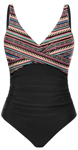 CMTOP Bañadores Mujer Reductores Push Up Cuello en V Acolchado Traje de Baño Una Pieza Vientre Plano Ropa de Baño Control de Barriga Playa Trajes Cintura Alta Pliegues Monokini(Rayas Bohemias,S)