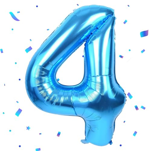 UDRKFOPK Sifferballong, blå, siffran 4, 101 cm, folieballong, nummerballong, för helium eller luft, födelsedagsdekoration för 4 år, för barn, flicka eller pojke