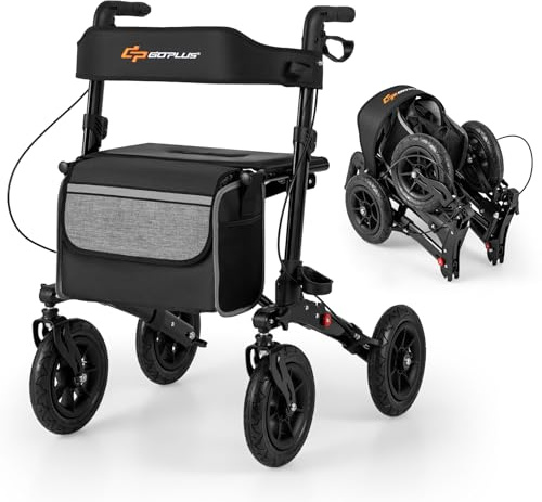 COSTWAY Andador para Ancianos con Asiento, Taca Taca Adultos Plegable, Altura Ajustable 81,5 a 97 cm, 4 Ruedas de Neumáticos, Caminadores para Mayores, Estructura de Aluminio Ligera (negro)