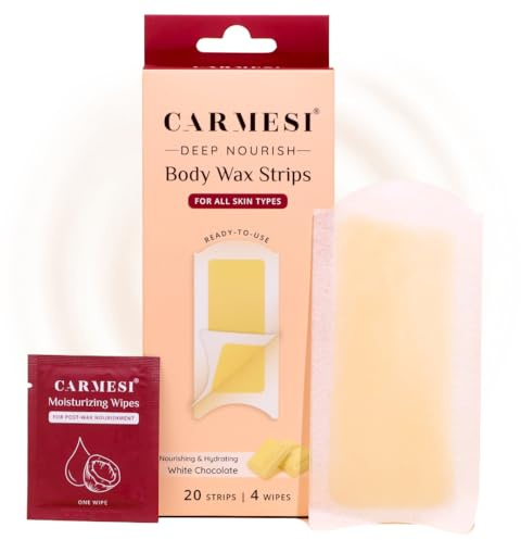Carmesi Deep Nourish Body Wax Strips | 20 Wax Strips & 4 Post-Wax Wipes | WhiteChocolate Enriched | Safe for All Skin Types | Cold Waxing for Women's Hair Removal