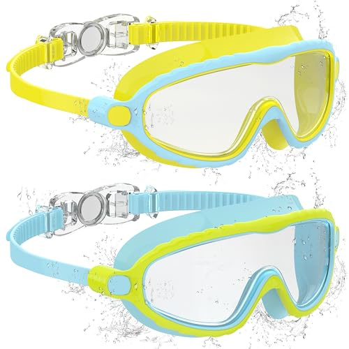 Ambienden 2 Pcs Gafas de Natación, Antivaho de Visión Clara, Protección UV, Junta de Silicona, Unisex Montura Grande Gafas Natacion Niño de 6 a 14 Años, Yellow＆Blue