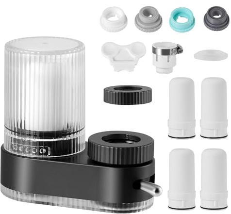 Water Filter Tap with 7 Layer Long-Life Tap Water Filter System for UK Taps, 304 Stainless Steel & High Precision Ceramic Filter Reduces Chlorine and Odor - Fits Standard Faucets (4 Filters Included)