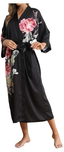 Generisch 2025 Lujoso Kimono de Satén con Flores para Mujer Sensación Fresca Manga 3/4 Largo Casual Albornoz Ropa de Dormir Conjunto de Pijama Mujer, Negro , talla única