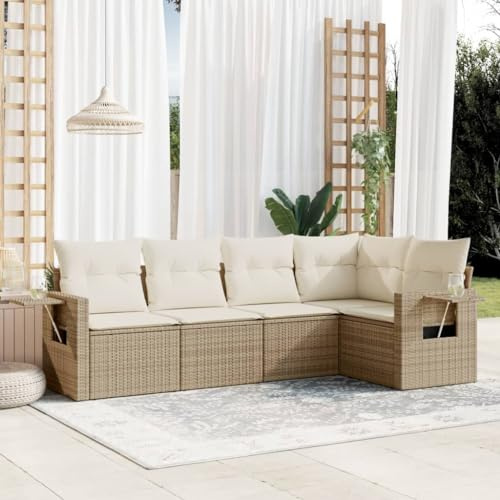 Qnhdfrt Set di 5 divani da giardino, in rattan sintetico, beige, con cuscino, spazio di archiviazione e tavolo pieghevole, per terrazza, balcone, giardino