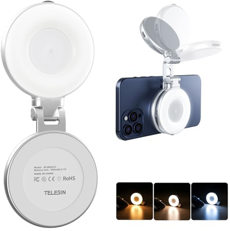 TELESIN C03 Luce Magnetica Selfie per Smartphone Compatibile Magsafe - CRI97 360° LED Anello Luce LED Specchio - Luce Smartphone Ideale per Selfie, Fotografia, Chiamate Zoom e VideoConferenza.