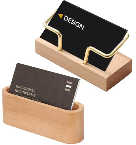 Vyranut Soporte para tarjetas de visita de madera – Juego de 2 porta tarjetas con marco metálico dorado, diseño profesional para oficina, recepción y mostradores elegantes (color marrón claro)