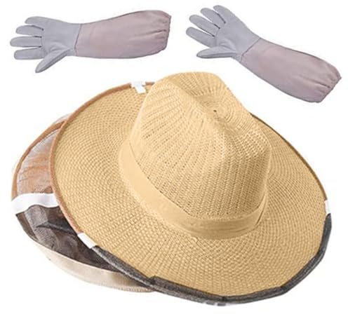NUOBESTY Sombrero de Red Plegable para Apicultor Guantes Largos de Piel de Oveja, Equipo de Protección para Apicultura en Exteriores